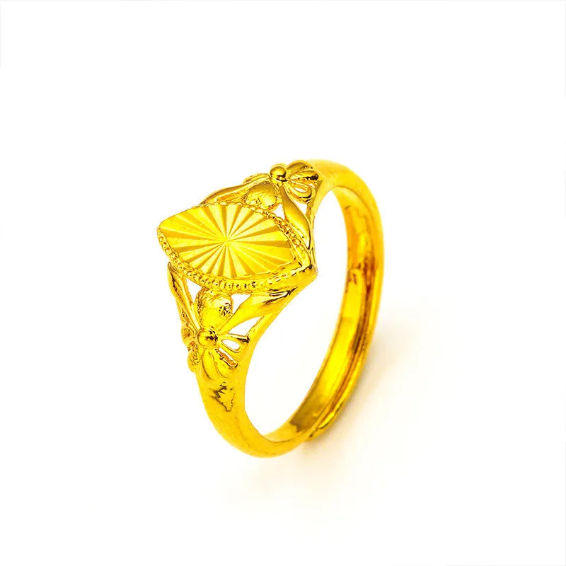 Gold electroplated open diamond flower ring with geometric design and textured surface