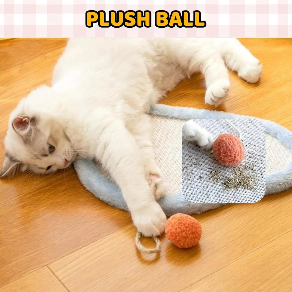 White wall-mounted cat scratching mat with natural sisal and sleeping cat cartoon design.