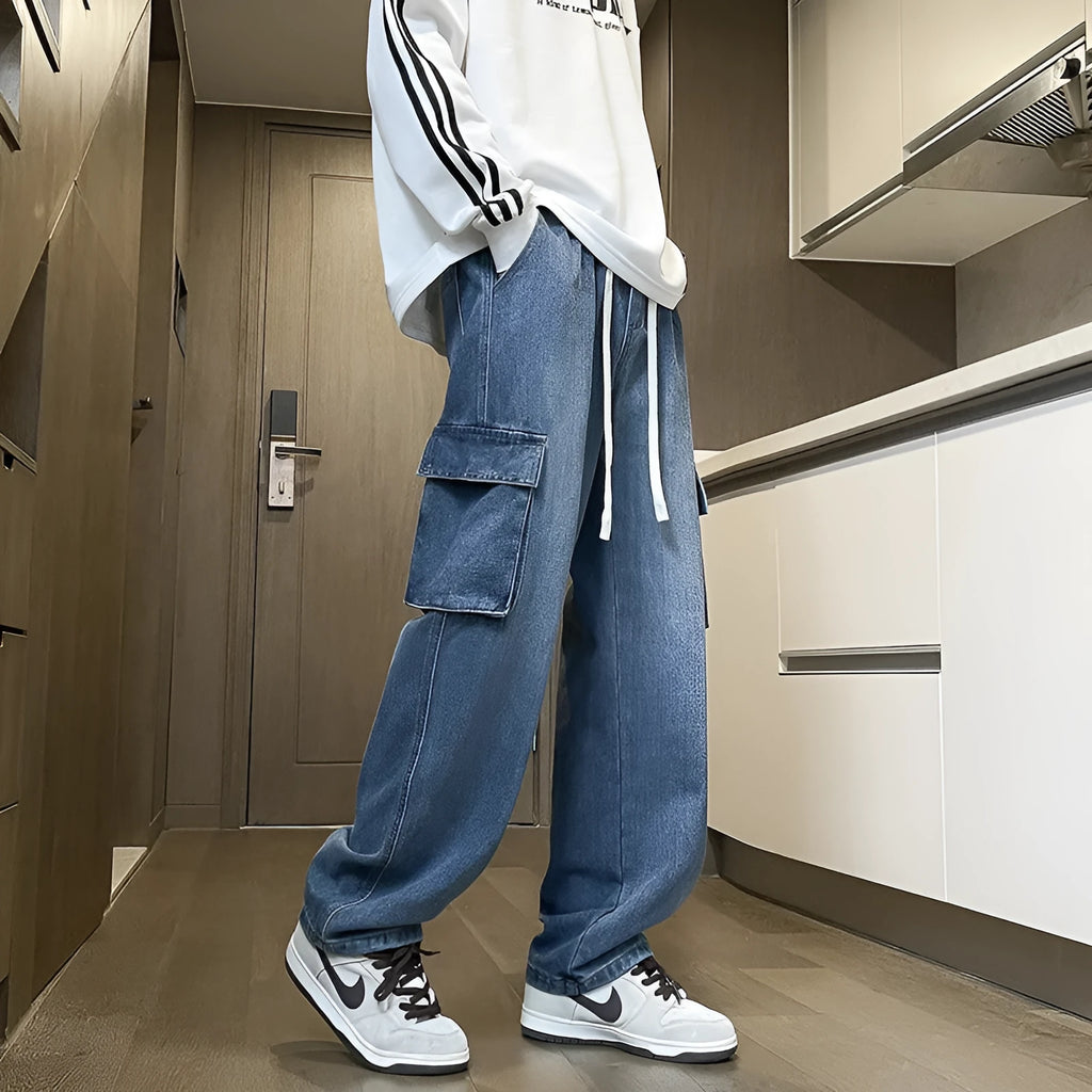Men's cotton straight leg jeans in dark blue American retro workwear style