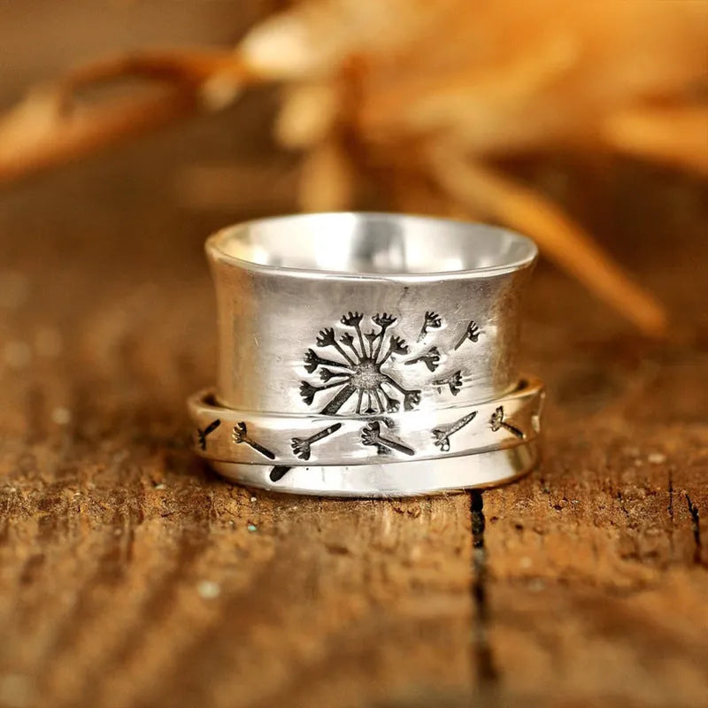 Silver rotatable flower ring showing floral design on alloy band