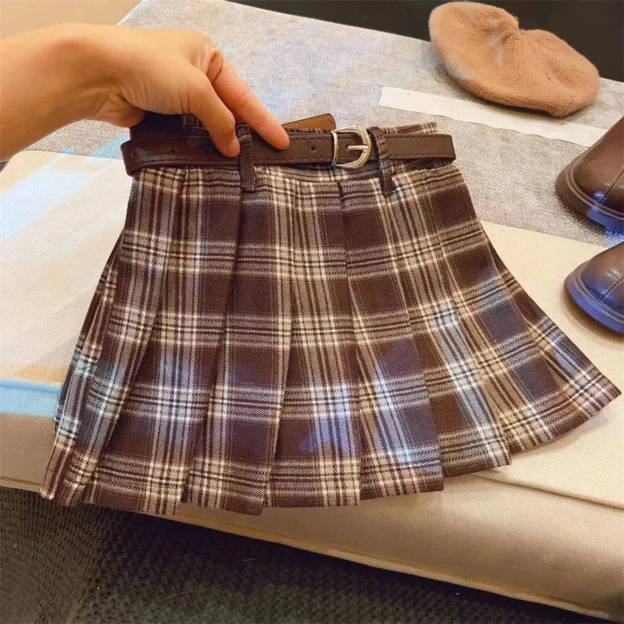 Girls' plaid pleated skirt in A-line style with cotton blend fabric