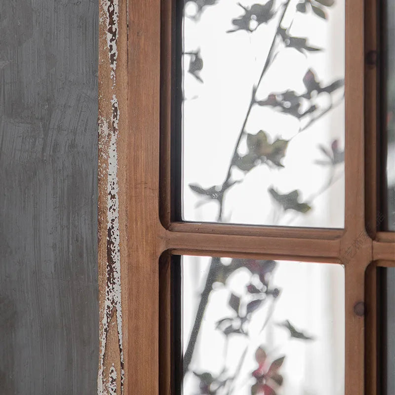 Terrace distressed wooden fake window wall mirror with log-coloured frame