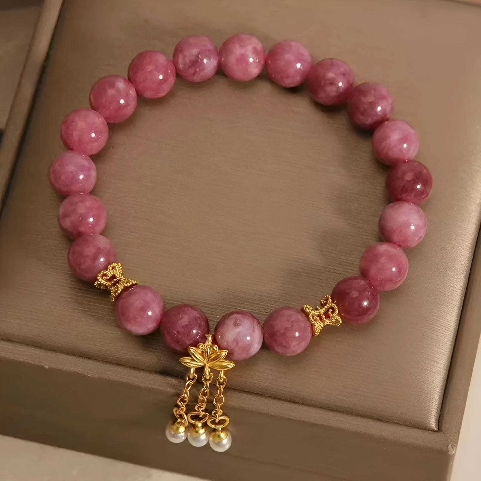 Women's natural stone bracelet with pink lotus tassel and pearl pendant in new Chinese style