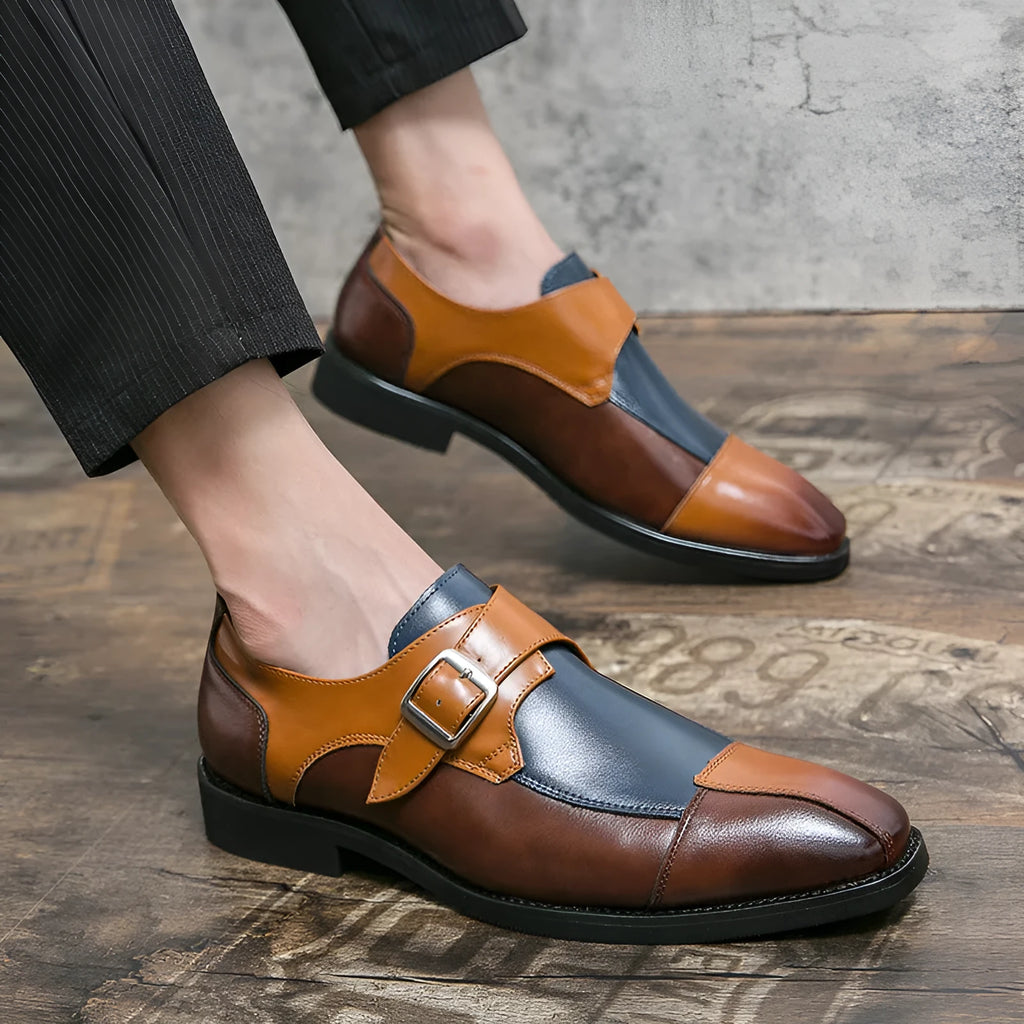 Men's brown blue retro buckle casual shoes with tall crown design and microfiber upper