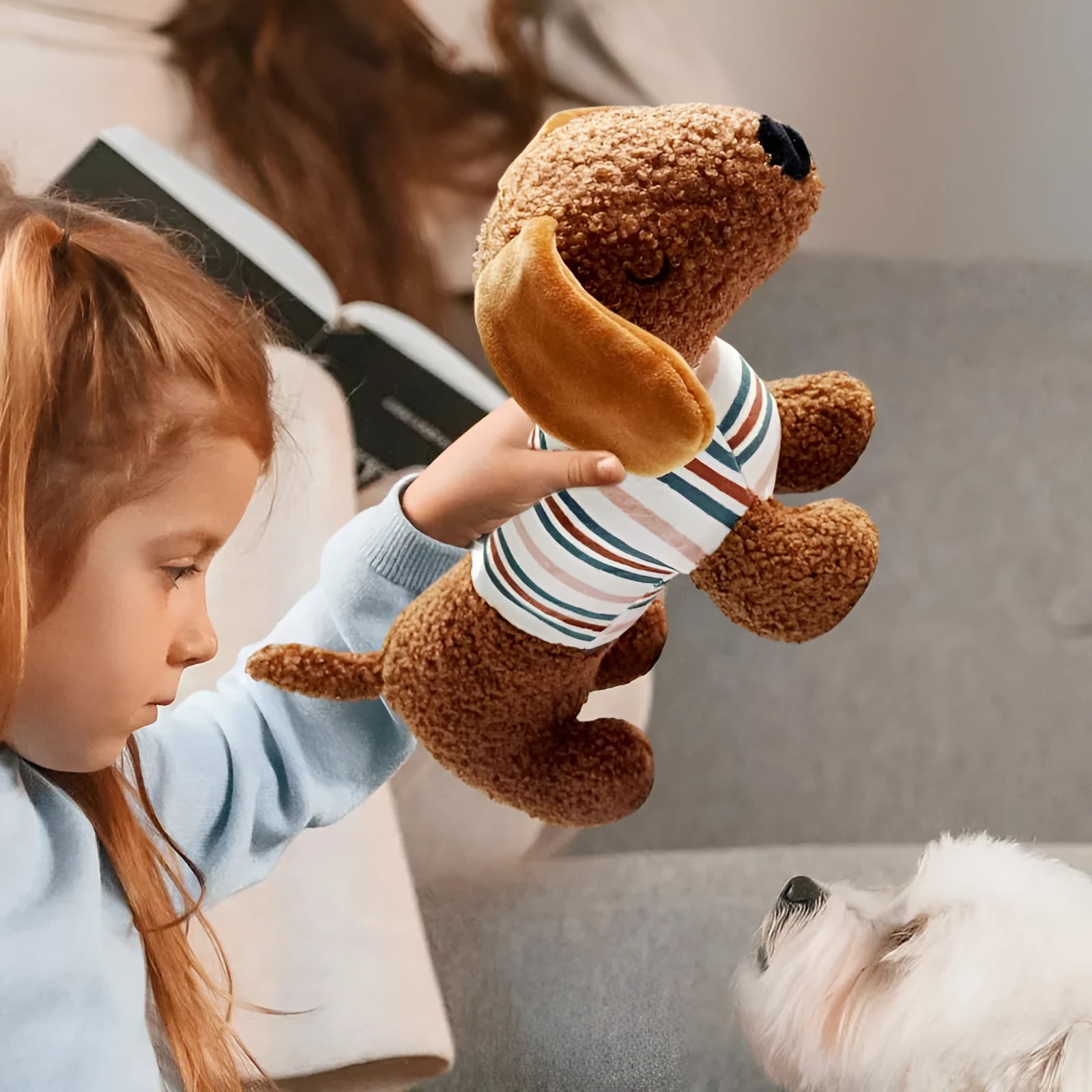 Bite-resistant squeaky dog plush toy in Sausage Dog Brown colour