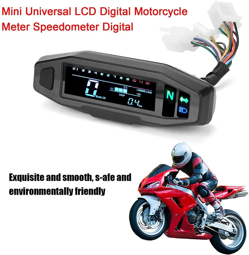 Black motorcycle mini speedometer with LCD screen showing oil gauge, speed, and rpm.