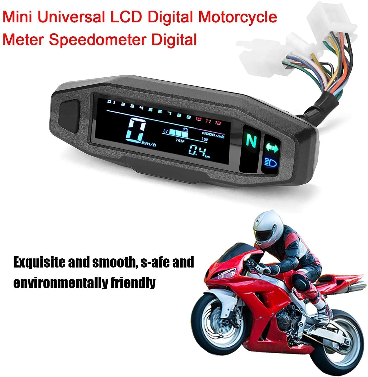 Black motorcycle mini speedometer with LCD screen showing oil gauge, speed, and rpm.