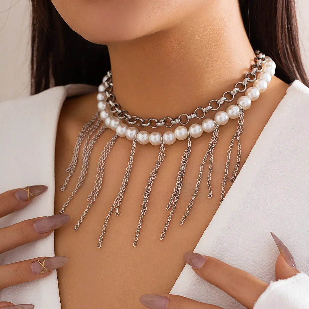 Double-layer retro necklace with imitation pearls, geometric iron pendant, tassel chain, and ball bead chain in White K finish