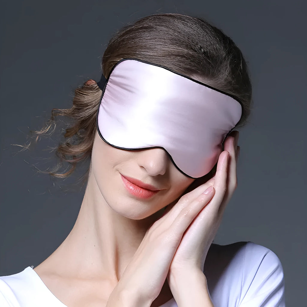 Double-sided mulberry silk eye mask in multiple colour options showing embroidered printed design