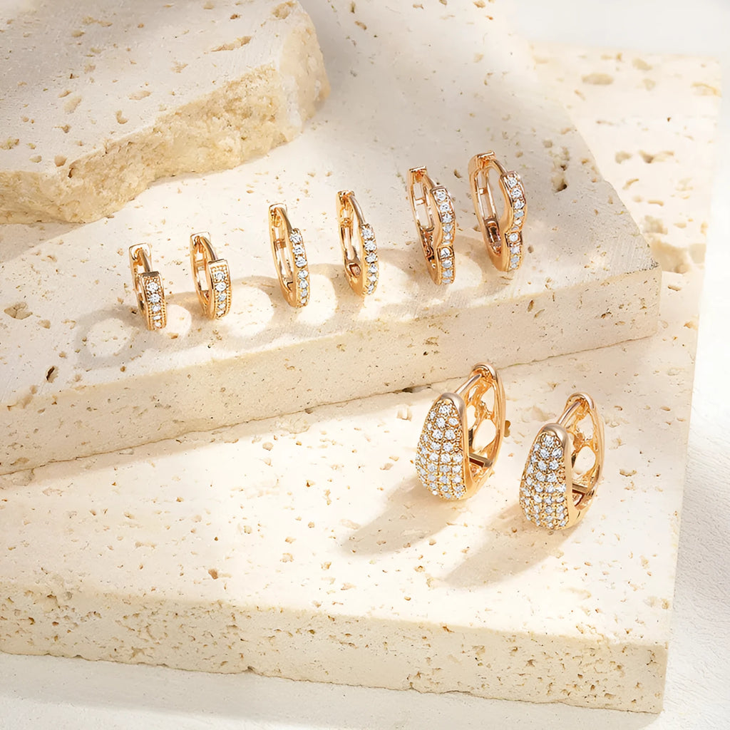 Brass gold plated heart shape zircon ear clip earrings with gang drill elements