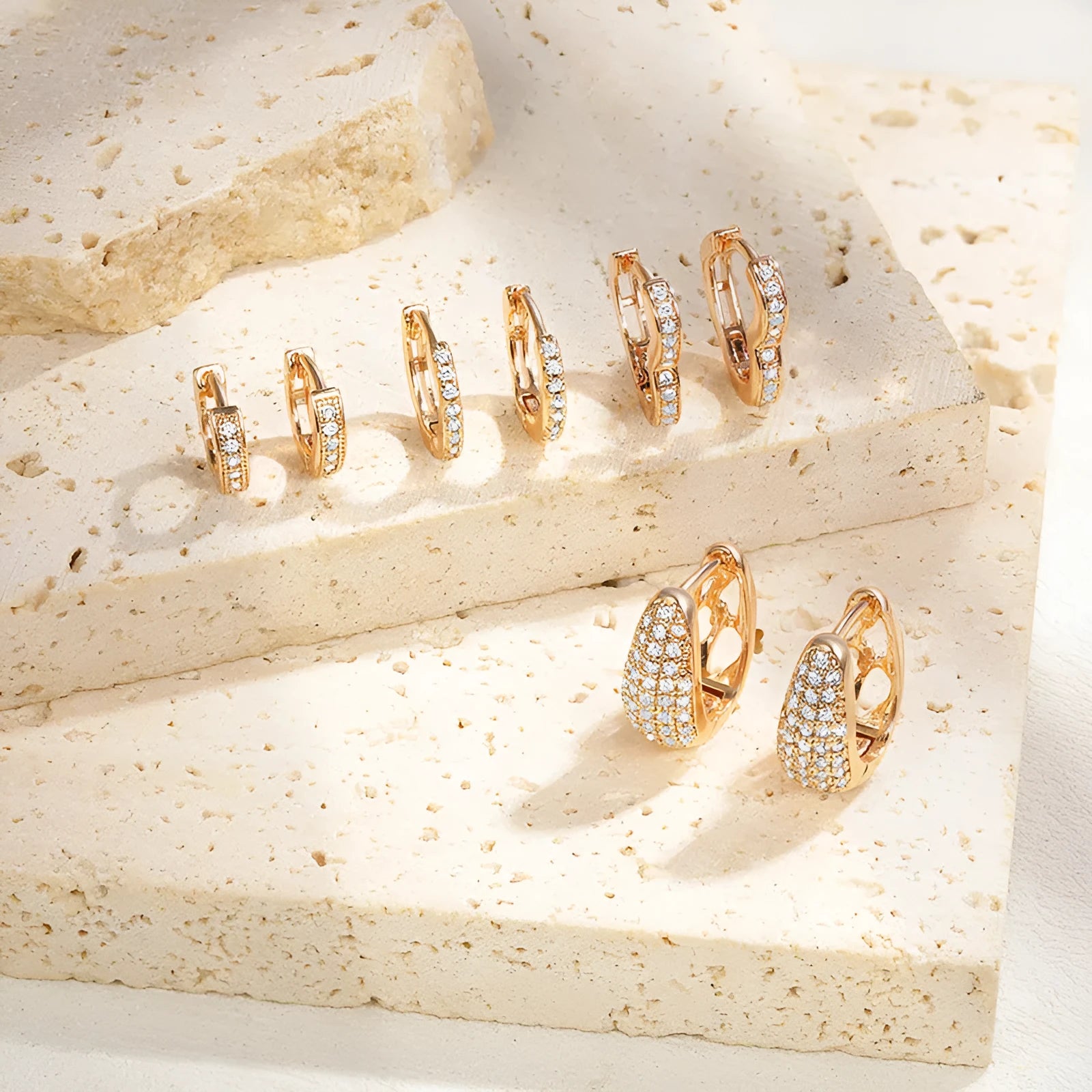 Brass gold plated heart shape zircon ear clip earrings with gang drill elements