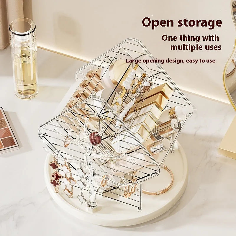 Rotating cosmetics storage box in clear or Amber Gold with 360° rotation mechanism