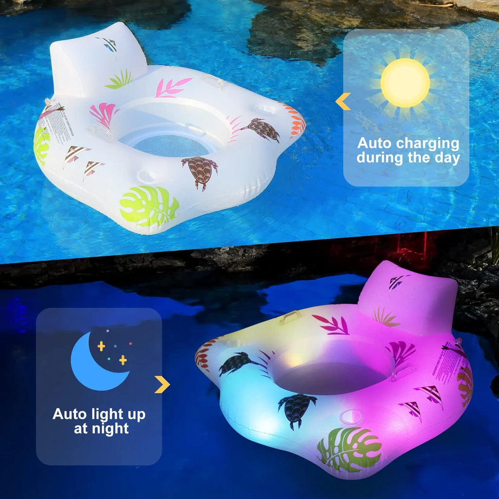 White luminous U-shaped inflatable water float seat on blue water surface