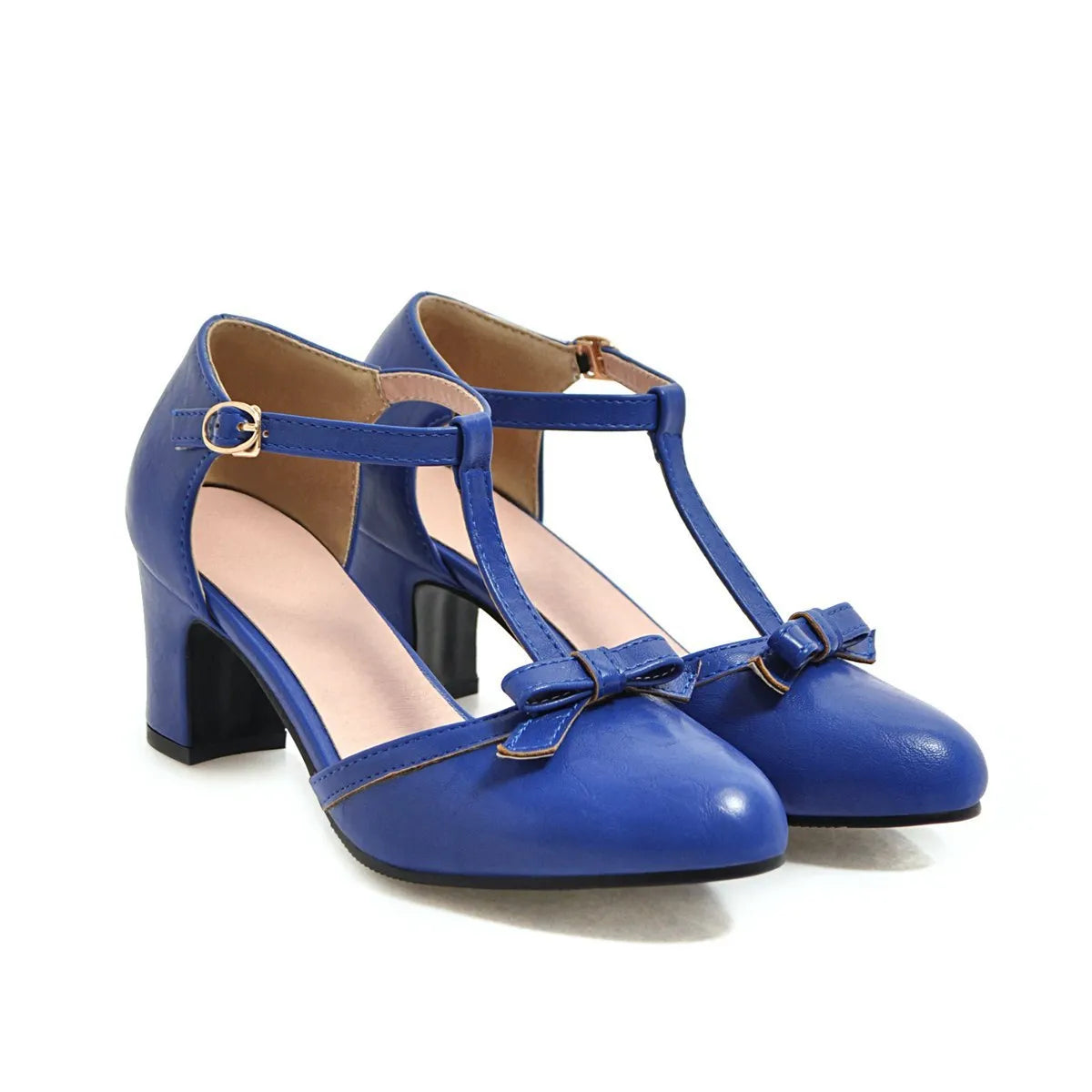Women's apricot chunky heel sandals with buckle strap and bow detail on a hollow out PU upper.