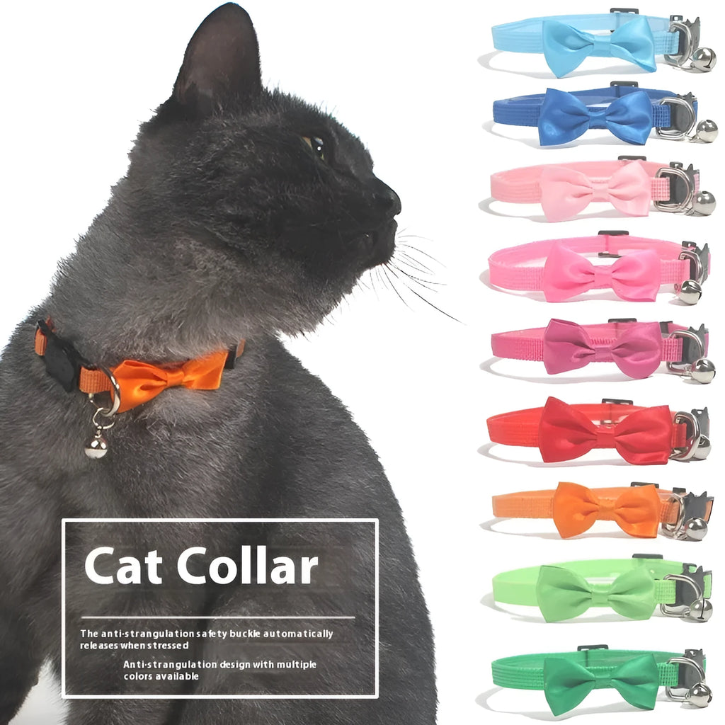 Adjustable nylon cat bow collar with a bell in a striped pattern, shown in a bright colour.