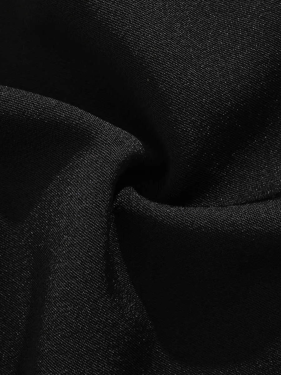 Black men's loose-fit casual shorts with a semi-elastic waistband, colour button, and zip fly.