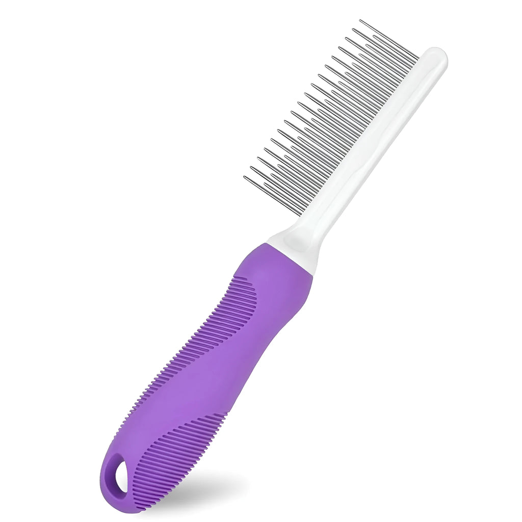 Purple pet grooming comb with stainless steel long and short teeth for detangling dog and cat fur