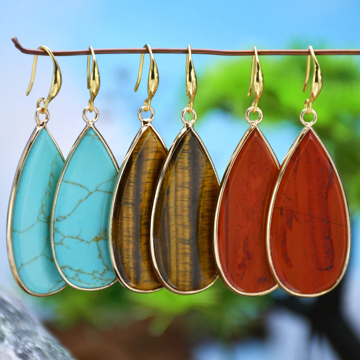Vintage long water drop stone earrings in five colour options with textured surface