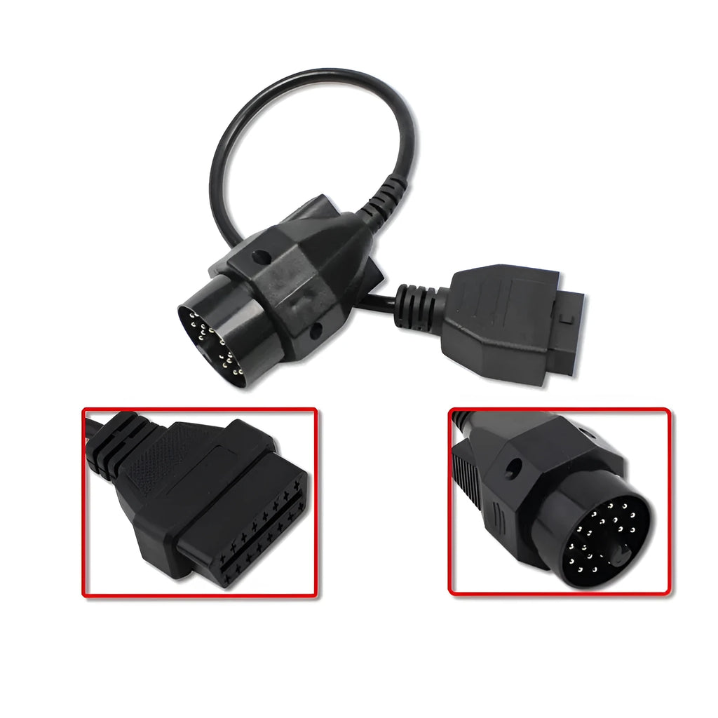 BMW OBD2 diagnostic adapter cable showing 20-pin connector and standard 16-pin OBD2 connector