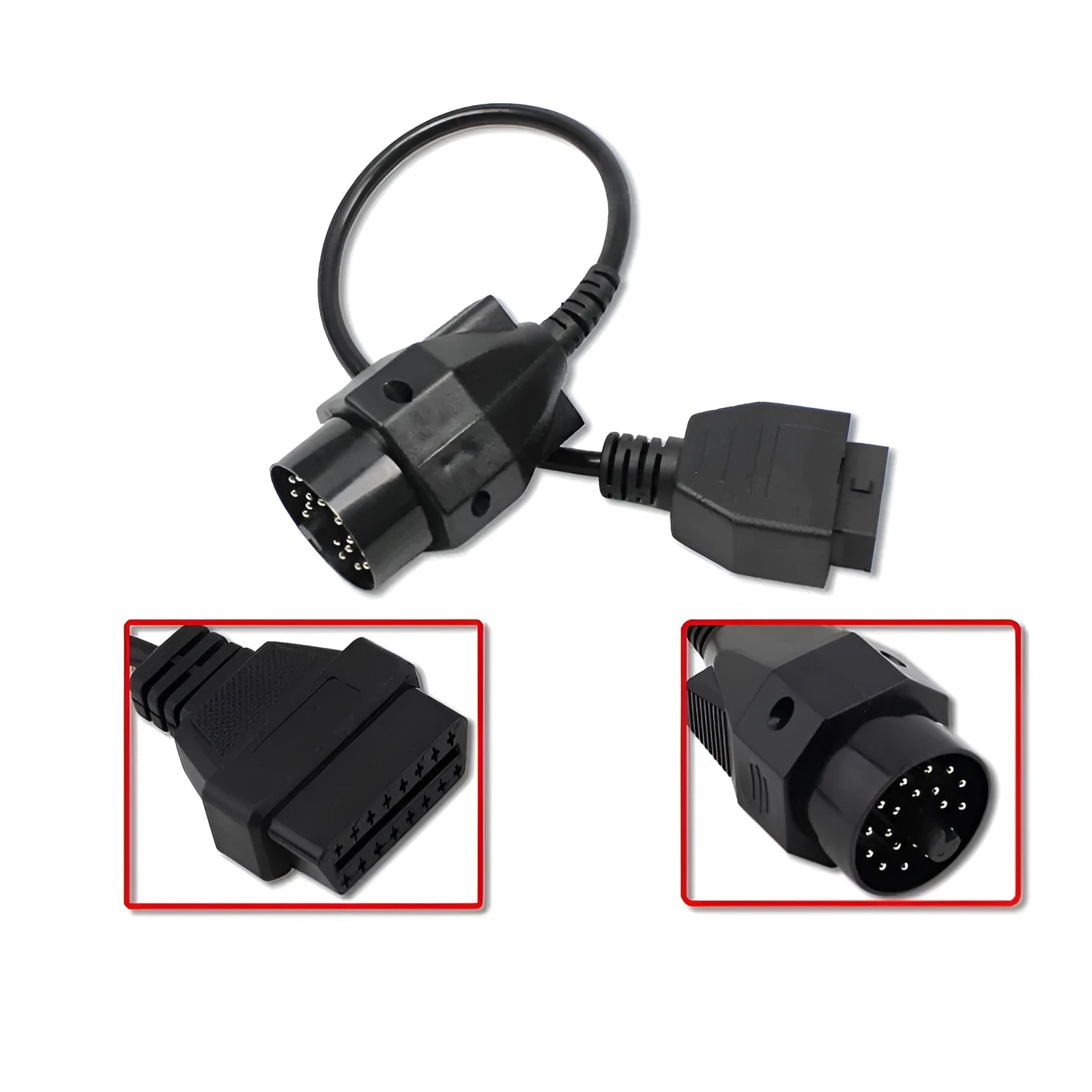 BMW OBD2 diagnostic adapter cable showing 20-pin connector and standard 16-pin OBD2 connector