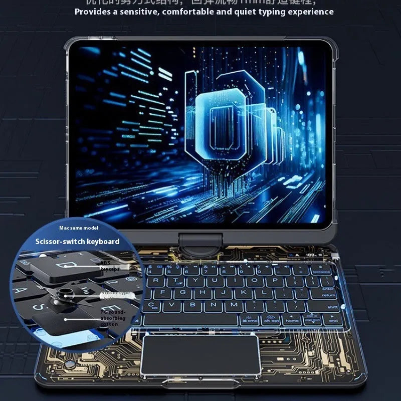 Transparent rotating keyboard protective case for Apple iPad Air 5 with integrated wireless keyboard and stand.