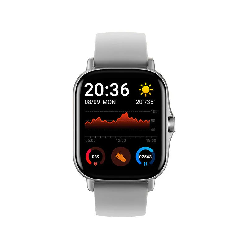 GT20 black alloy smart watch with silicone strap showing heart rate monitoring on screen