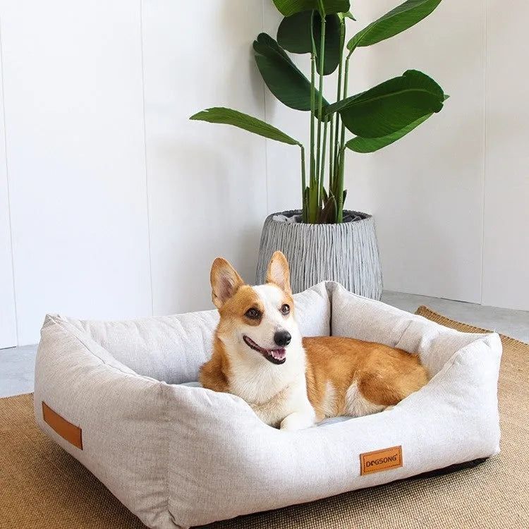 Khaki cloth dog bed with summer sleeping mat in size L