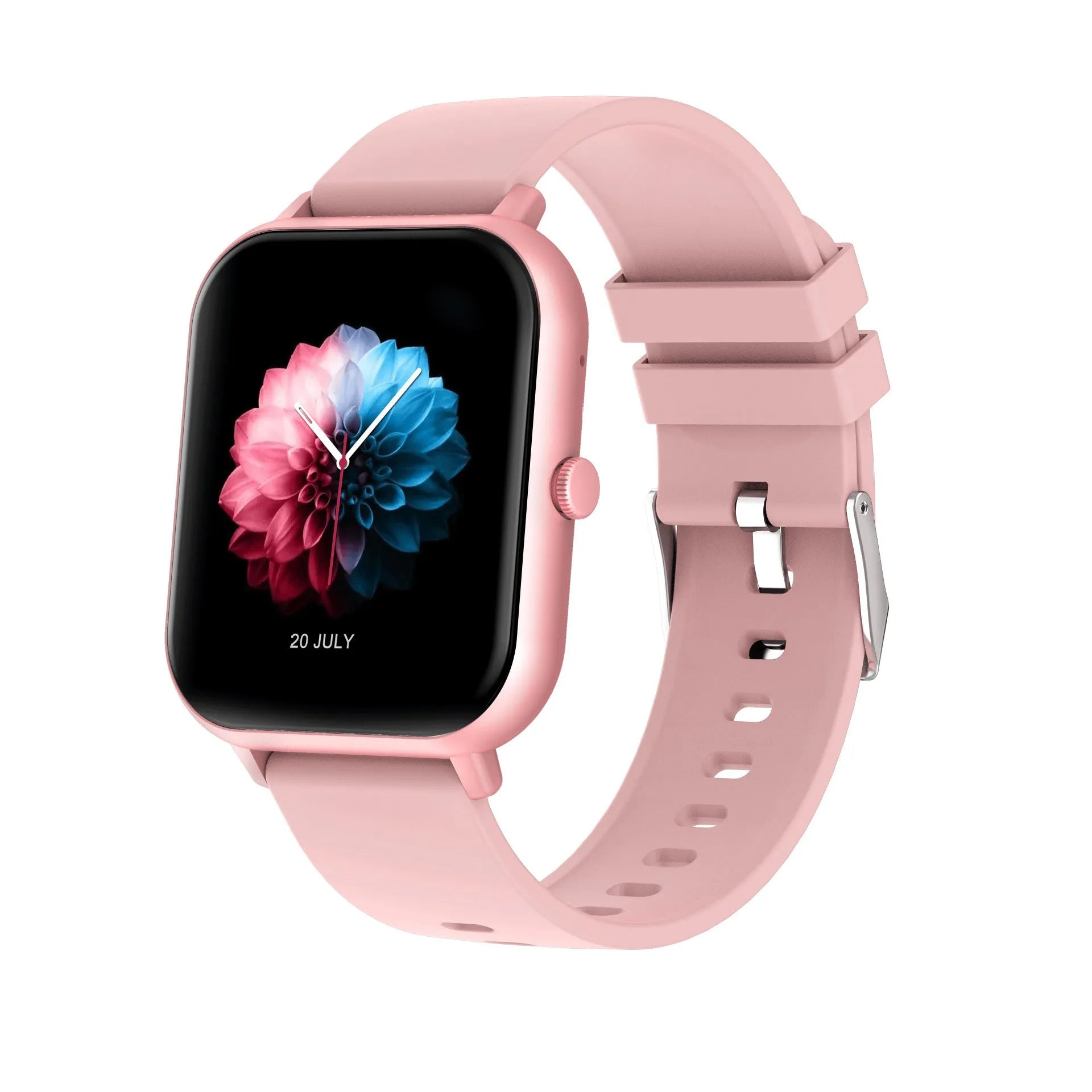 Bluetooth smart watch with heart rate monitor on wrist, showing black, silver grey, pink, and khaki colour options.