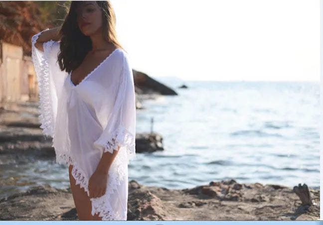 White lace hollow crochet cotton swimsuit cover-up beach dress one size