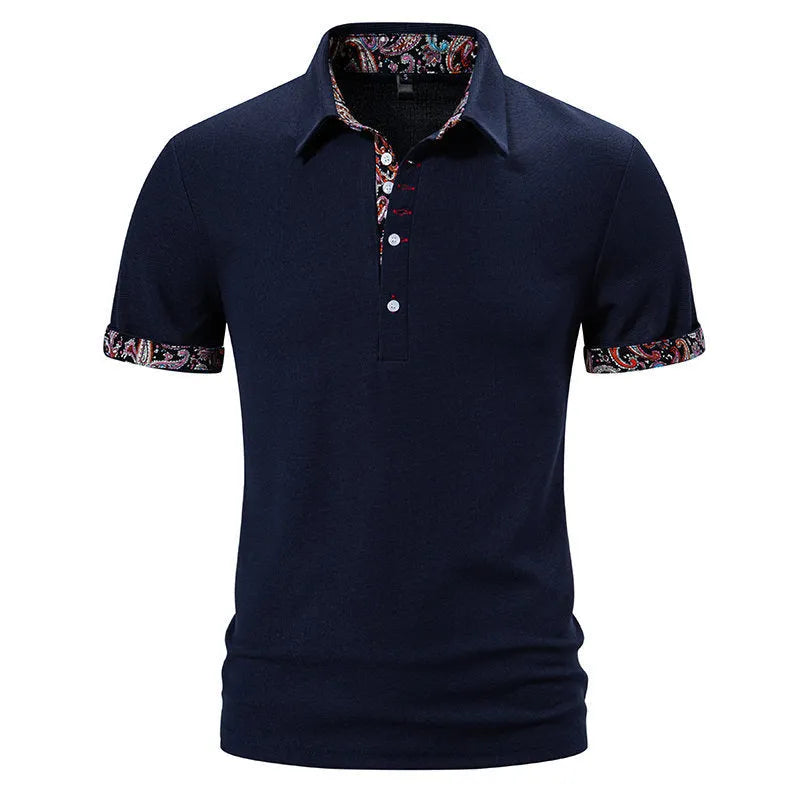 Men's polo shirt in a cotton blend fabric with colour stitching on the turnover collar and short sleeves.