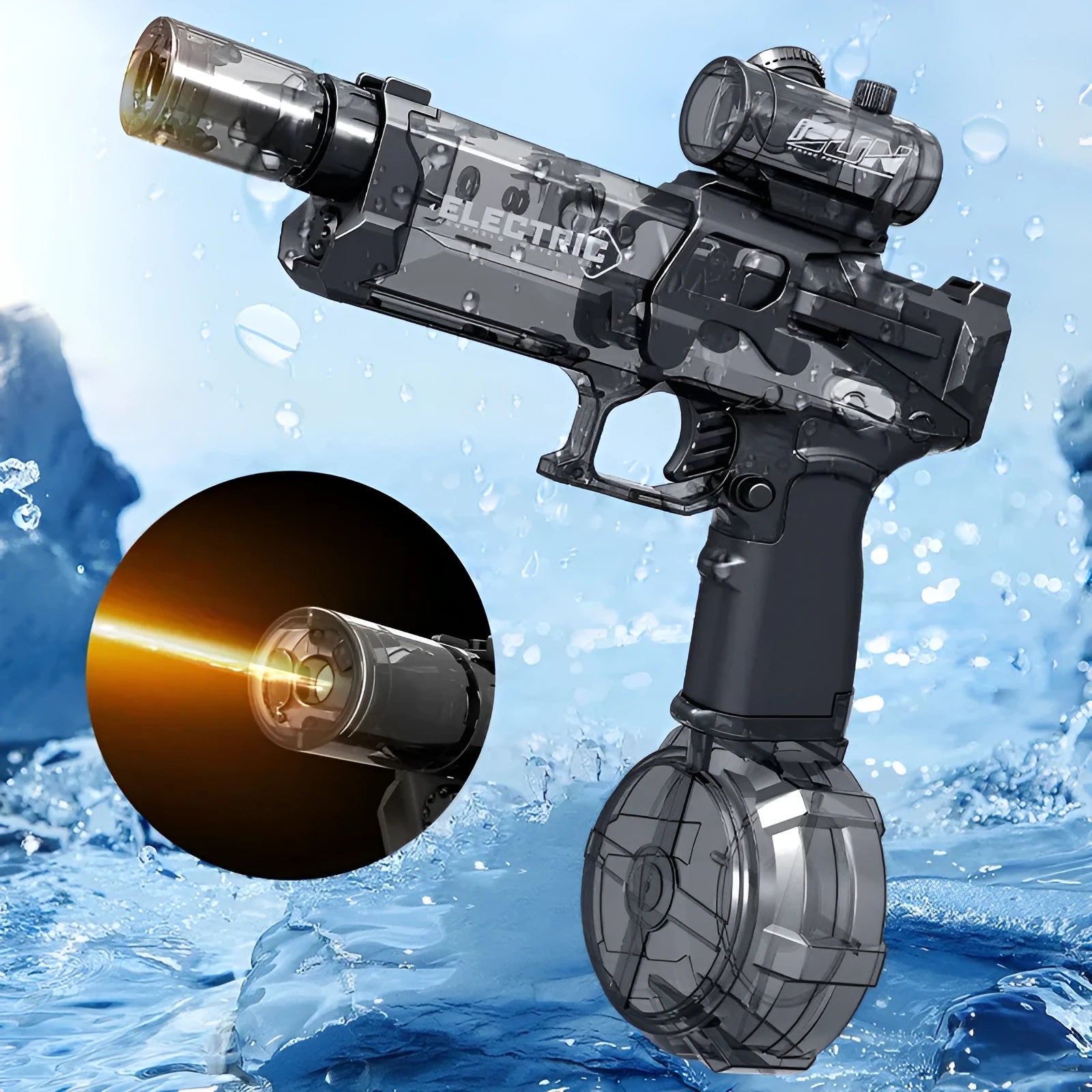 Fire Rat electric water pistol with cool light in blue and black colours