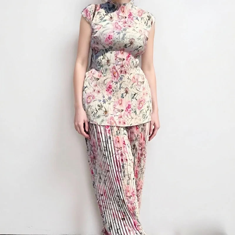 Long sleeve printed chiffon dress with high waist design in picture colour pattern