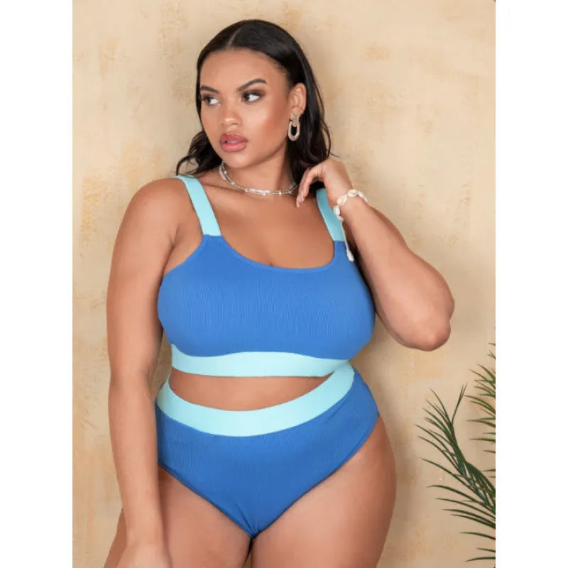 Women's solid colour high-waisted bikini set in polyester, shown in size 0XL to 4XL range.