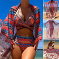 Women's three-piece swimsuit set with cutout blouse, high-waist briefs, and matching beach coat