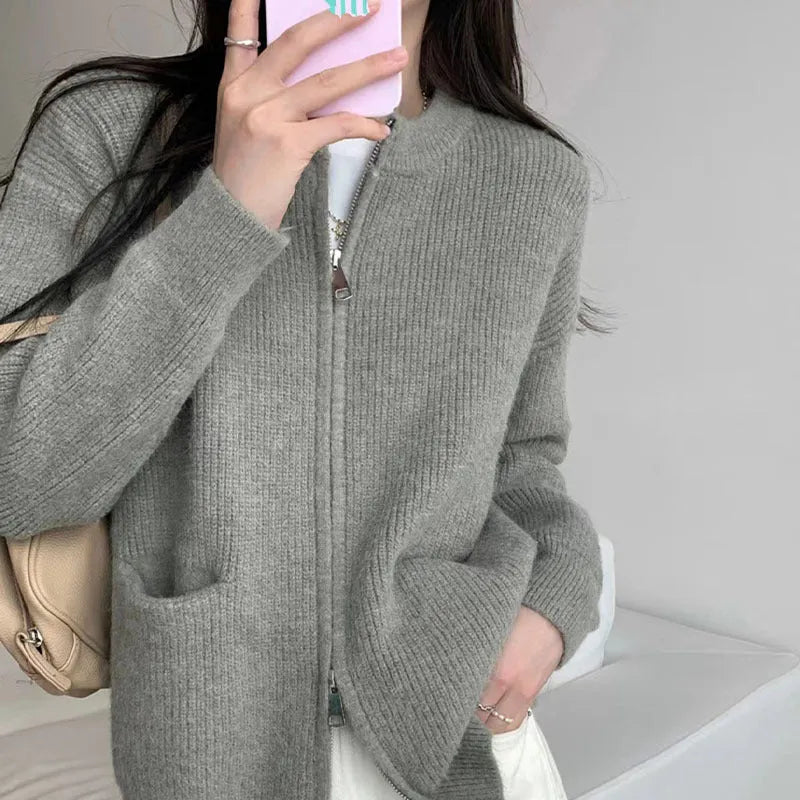 Women's beige soft wind glutinous sweater coat cardigan with long sleeves