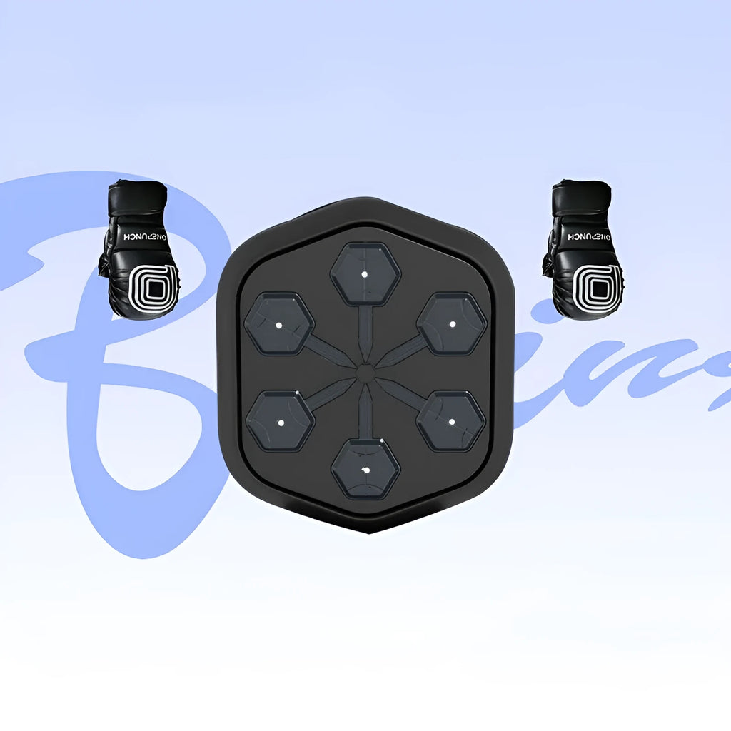 Black smart boxing machine with Bluetooth connectivity and Velcro straps for fitness training