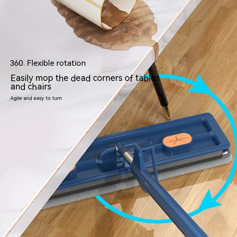 Large flat mop with stainless steel handle and blue mop cloth on hard floor