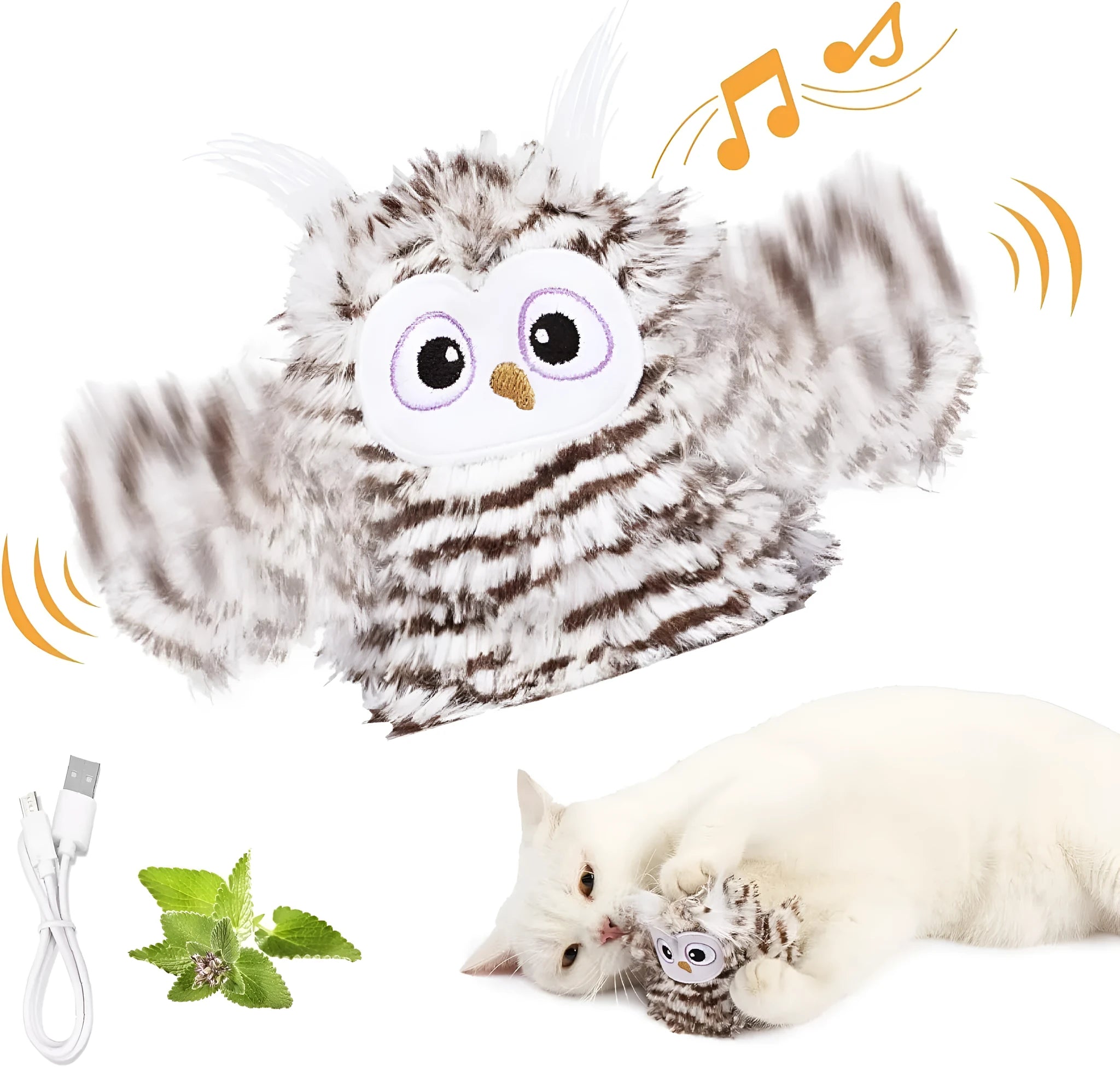 Grey automatic owl cat toy with flapping wings on flat surface, measuring 10cm by 14cm