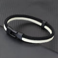Black and white woven Milan rope hand strap with alloy hardware, shown in 19cm, 21cm, and 23cm sizes.