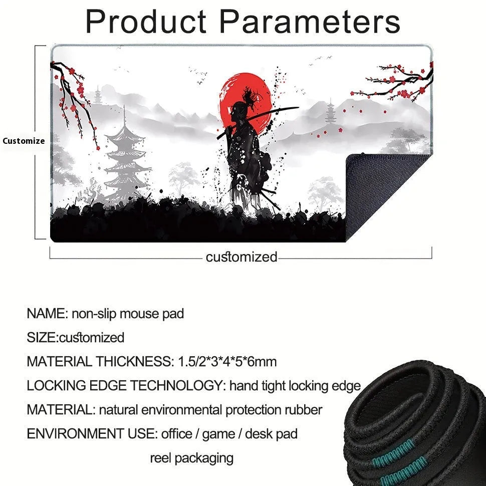 Japanese Samurai design gaming mouse pad with non-slip cloth surface in multiple size options