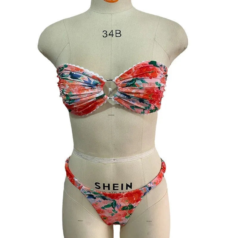 European style floral print tube top bikini set in polyester fabric for swimming
