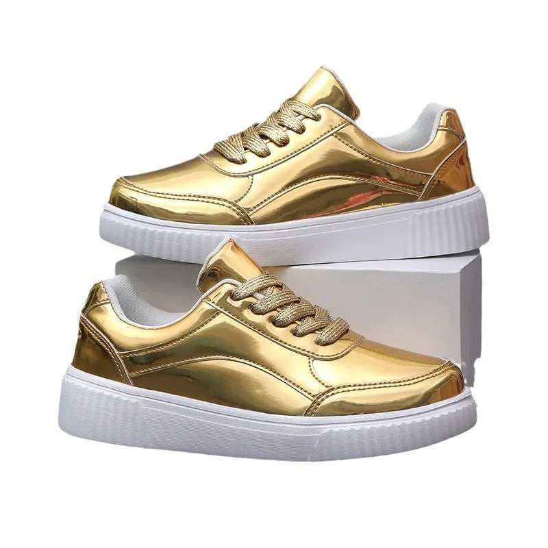 Rose gold sequin platform sneakers with round toe and 3-5cm wedge heel