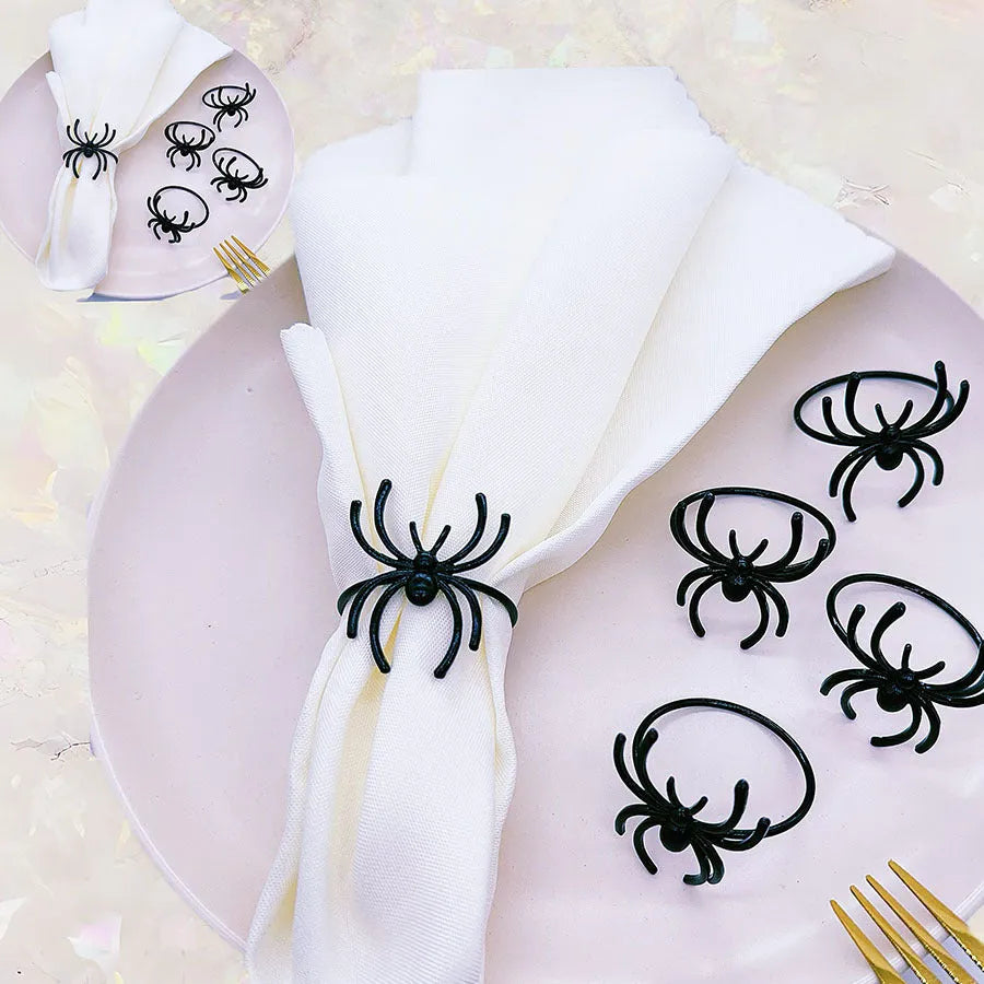 Set of six black alloy spider napkin rings with electrophoresis finish for Halloween table decoration