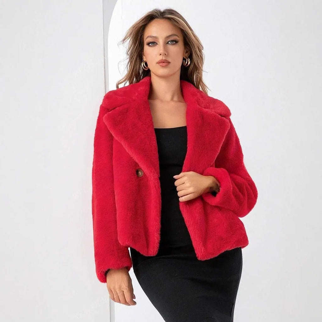 Women's rose red loose short faux fur coat with regular sleeves on a hanger.