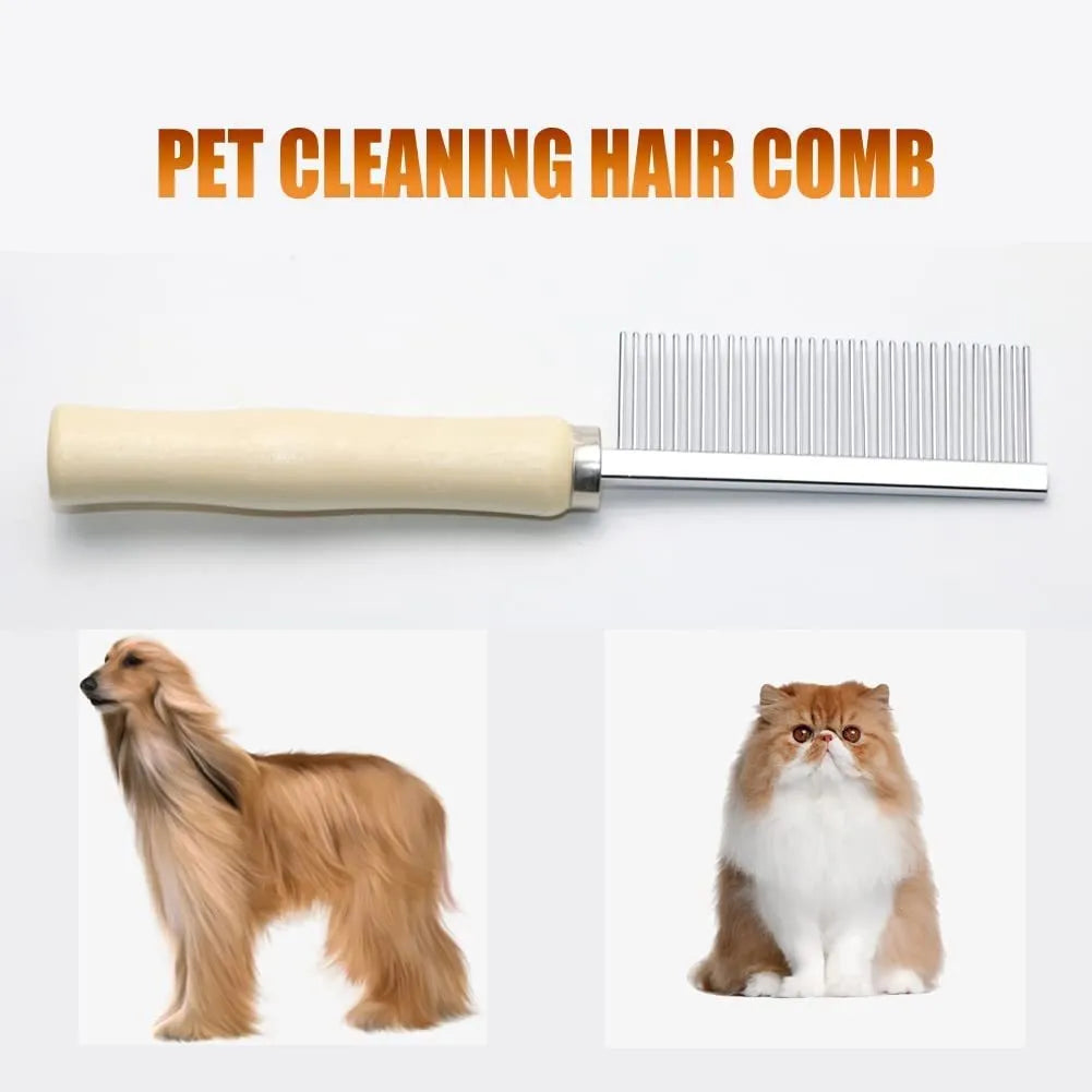Wooden handle pet grooming comb for dogs and cats on a plain background